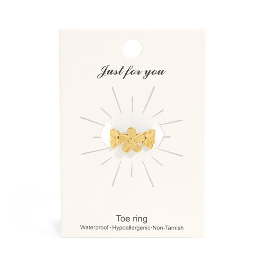 Gold plumeria toe ring on a 'Just for you' card with product details.