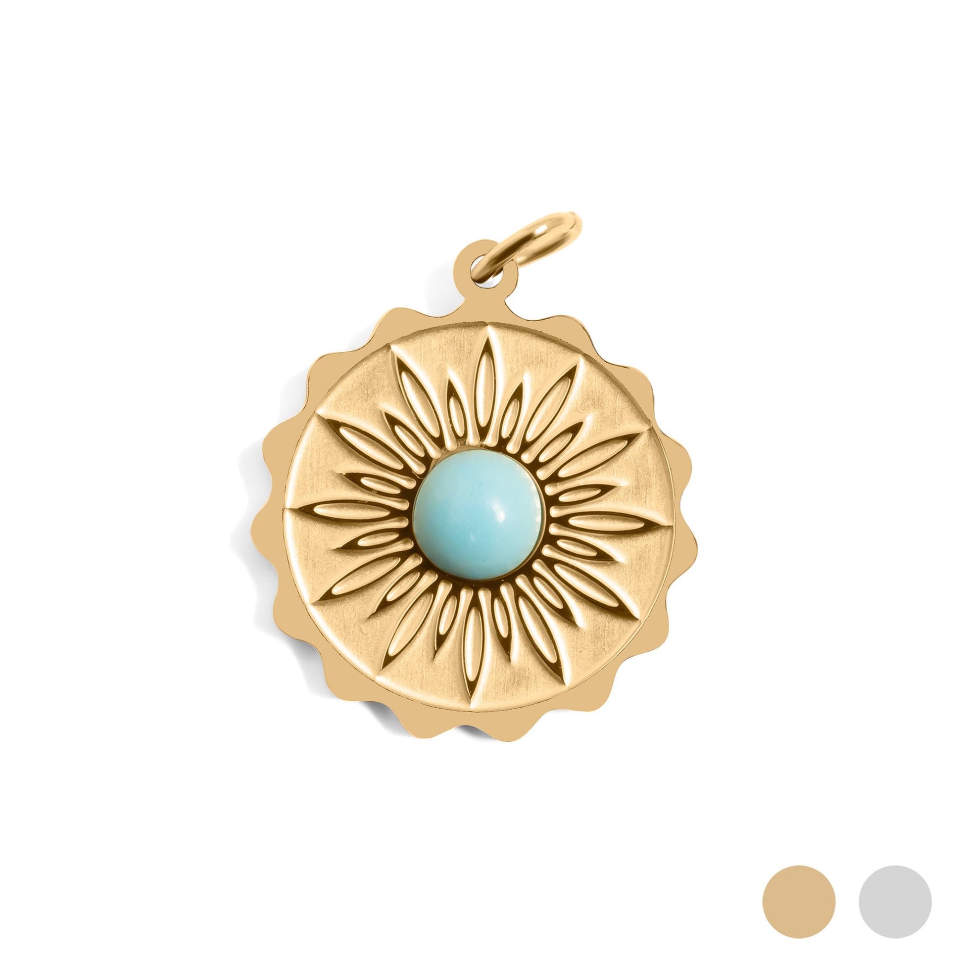 Gold pendant with flower design and a turquoise stone in the middle on a white background
