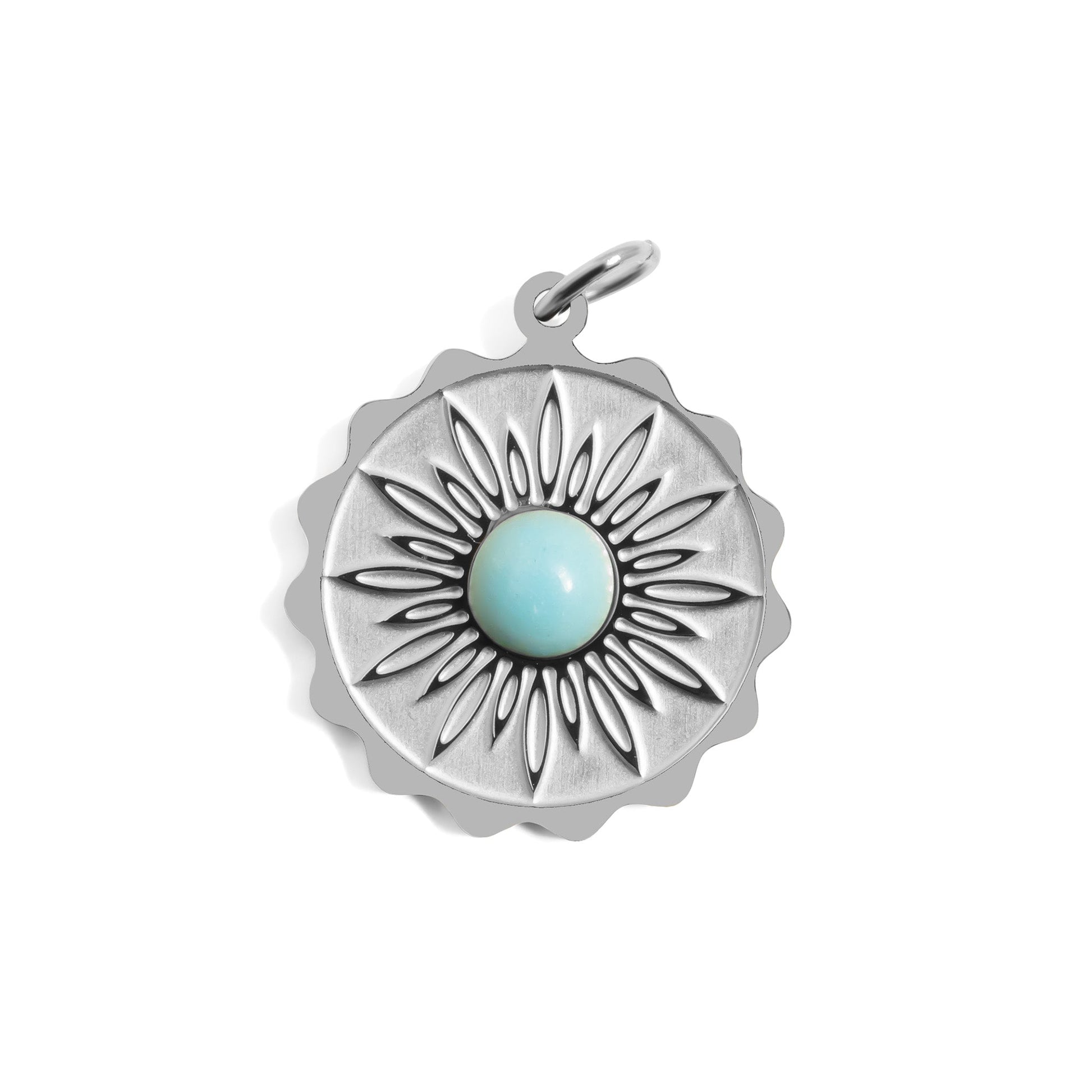Silver pendant with a slower design and a turquoise stone in the middle on a white background