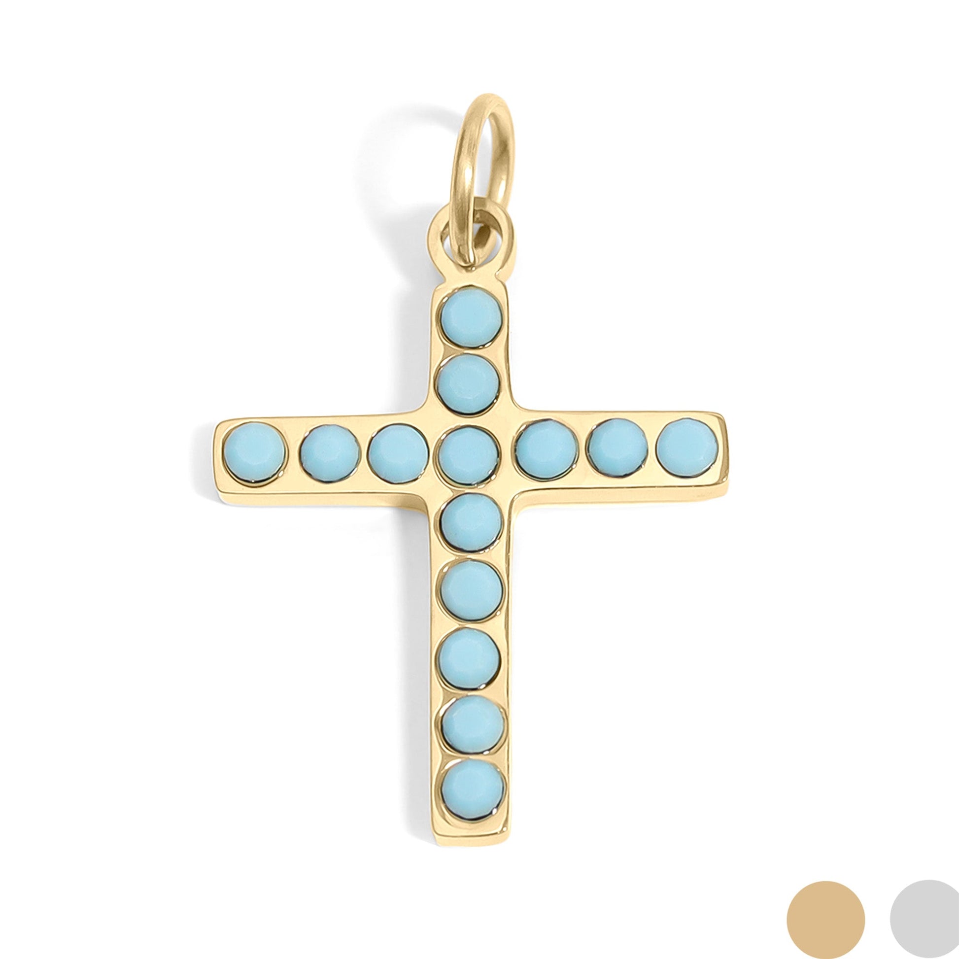 Gold cross pendant with turquoise stones on a white background