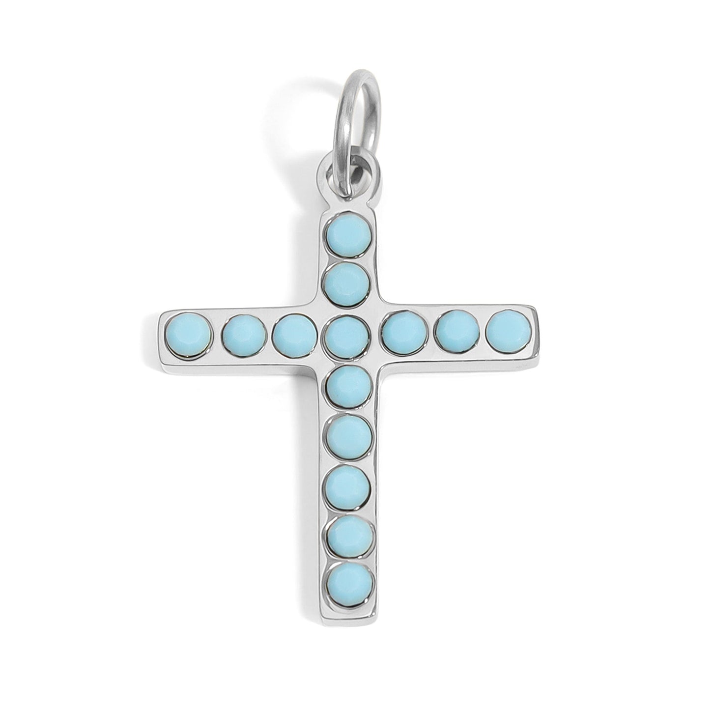 Silver cross pendant with turquoise stones on a white background