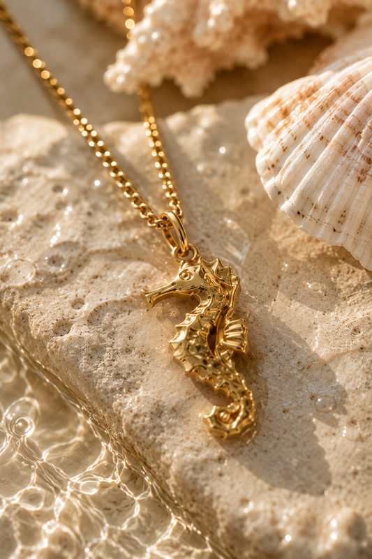 Gold chain with seahorse pendant lying near ocean water with seashells next to it.