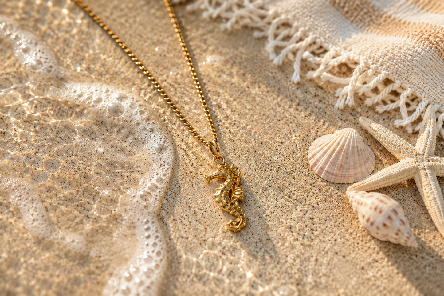 Gold chain with seahorse pendant next to a shoreline and beach blanket and shells.