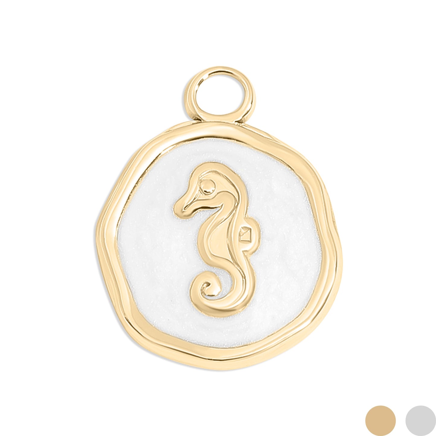 Gold circular pendant with a seahorse in the center on a white background
