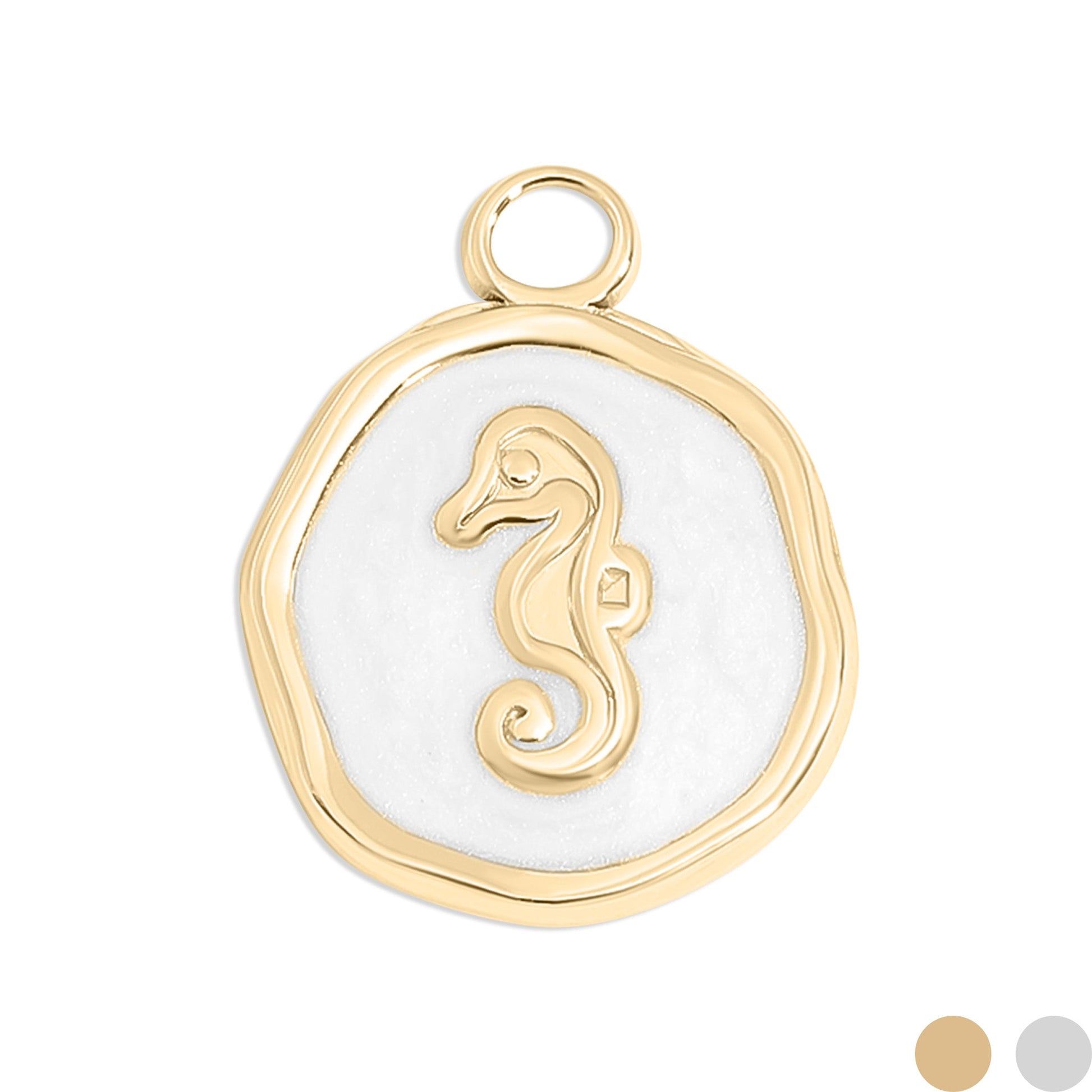 Gold circular pendant with a seahorse in the center on a white background