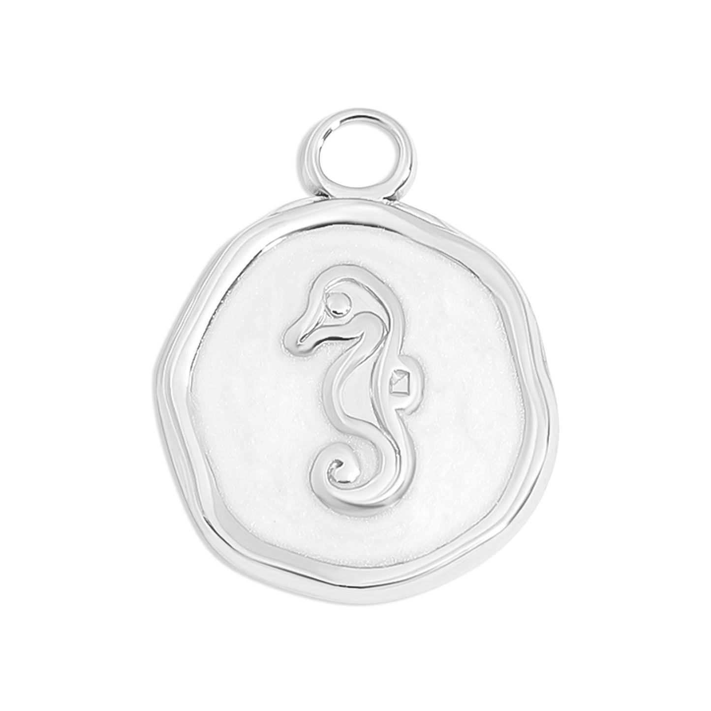 Silver circular pendant with a seahorse in the center on a white background
