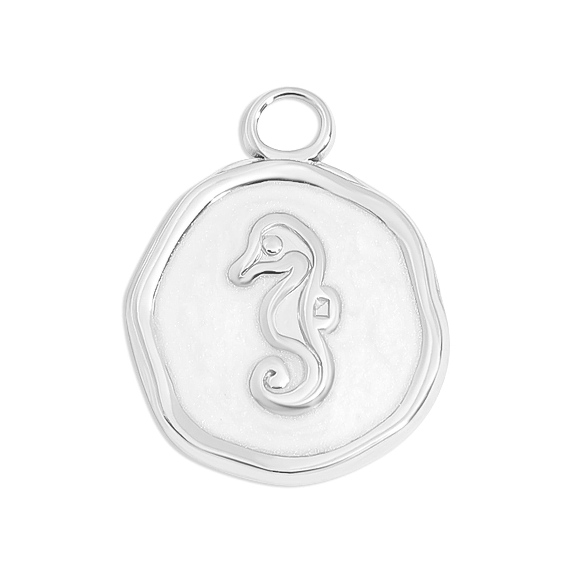 Silver circular pendant with a seahorse in the center on a white background