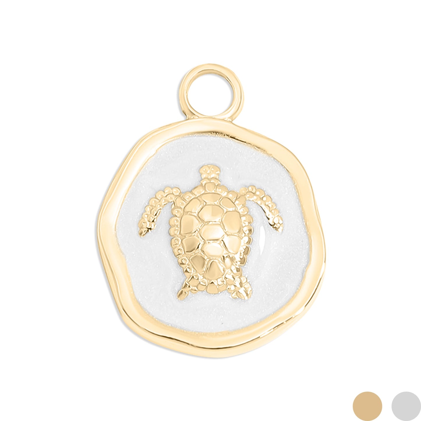 Gold circular sea turtle pendant on a white background