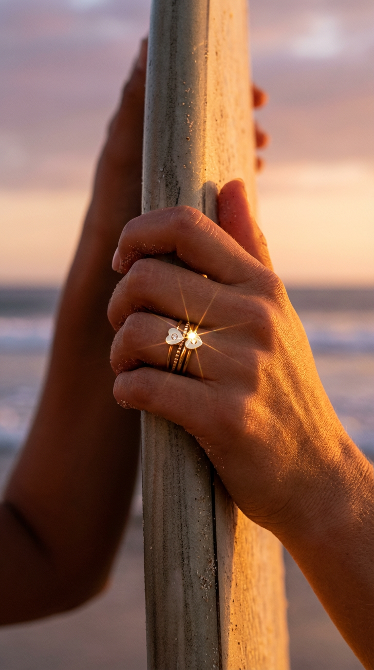 Hand with three gold rings holding a surfboard with a sunset over water in the background