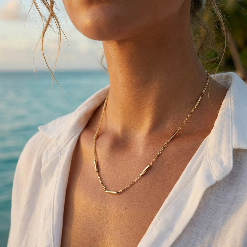Close up of a woman in a white linen button up shirt wearing a gold bar station necklace with a beach background