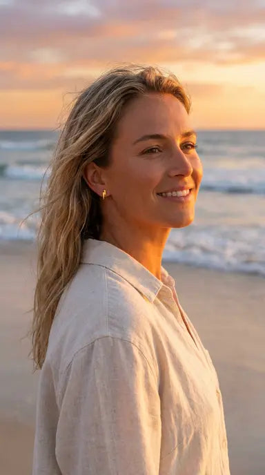 Woman standing on a beach at sunset, wearing gold lightning bolt shaped earrings and a light-colored shirt.