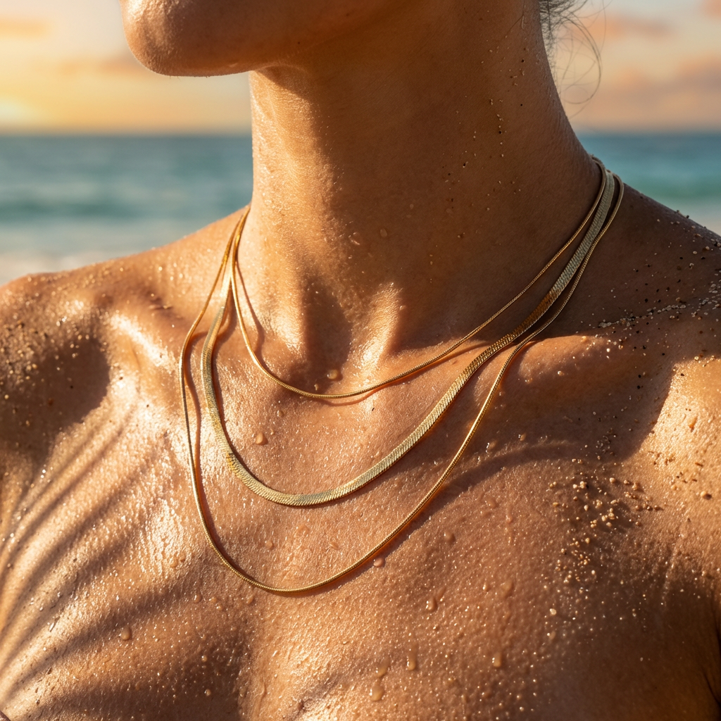 Close-up of a person's neck with gold necklaces against a blurred beach background