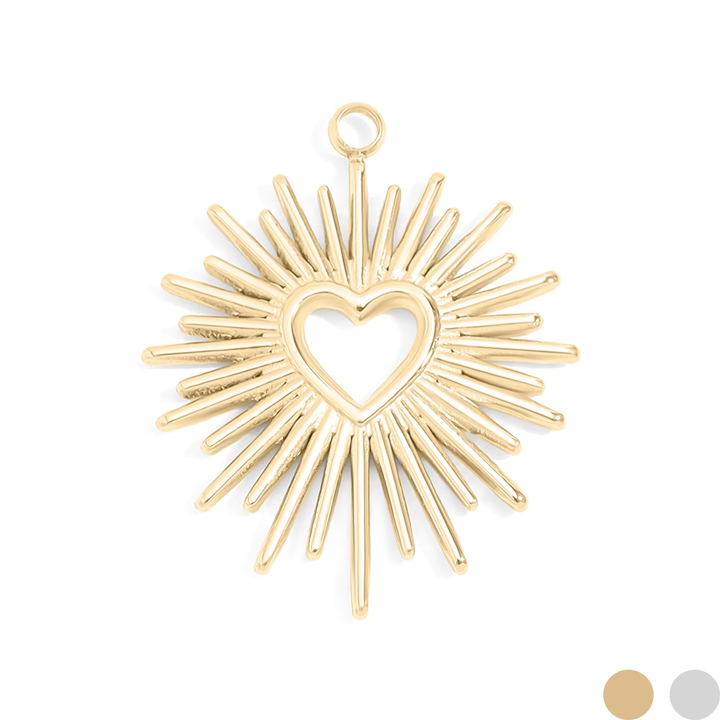 Gold heart-shaped pendant with starburst design on a white background