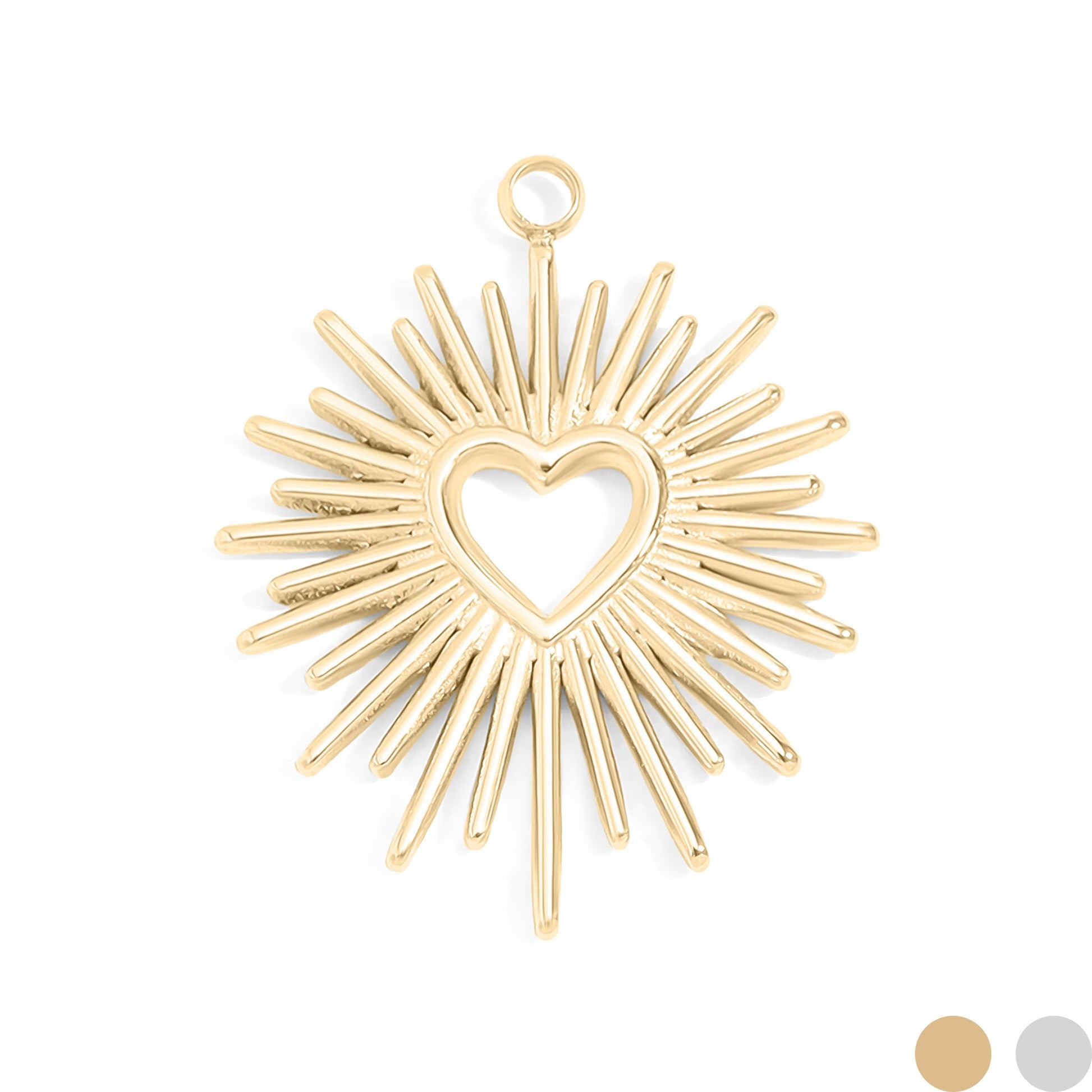 Gold heart-shaped pendant with starburst design on a white background