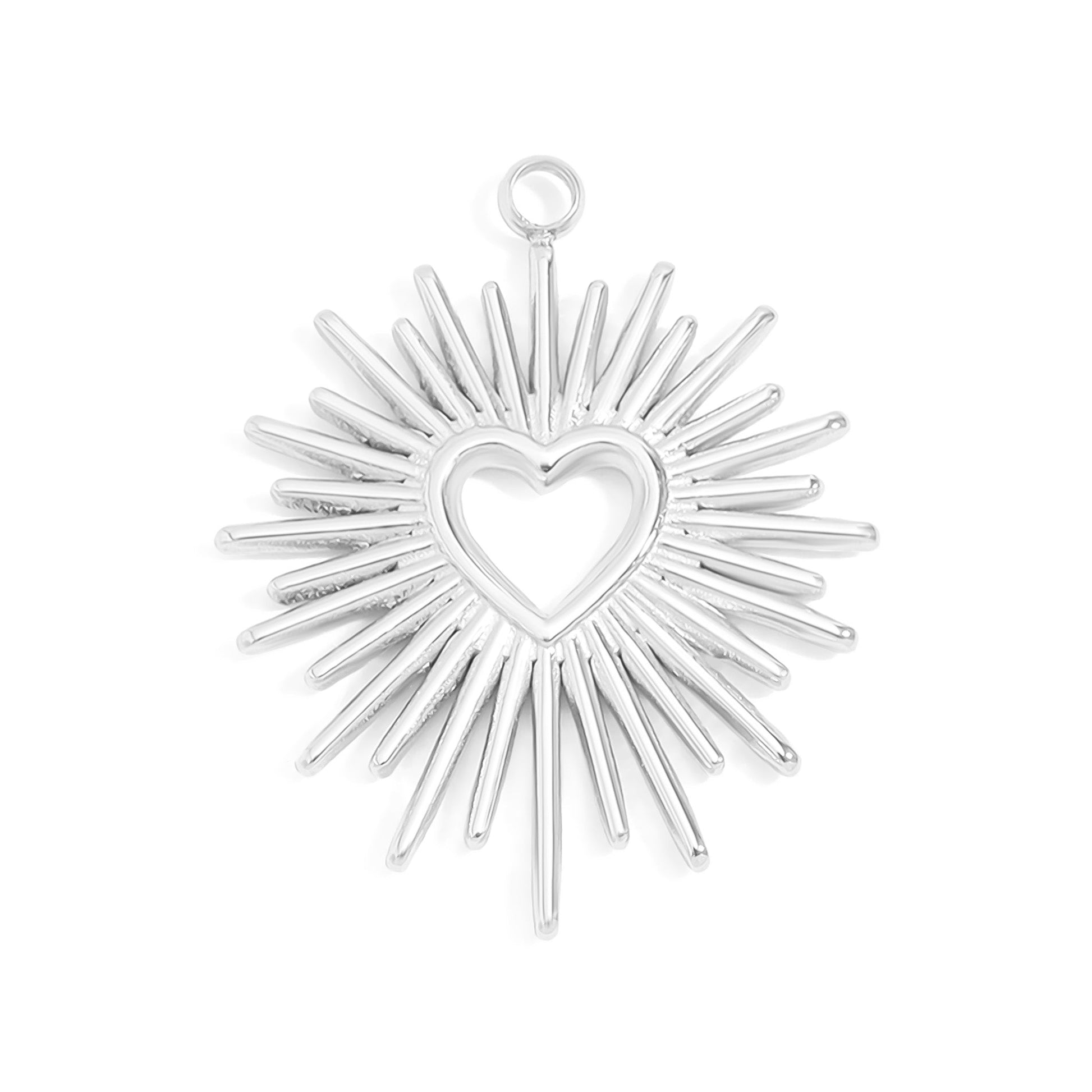 Silver star-shaped pendant with a heart in the center on a white background