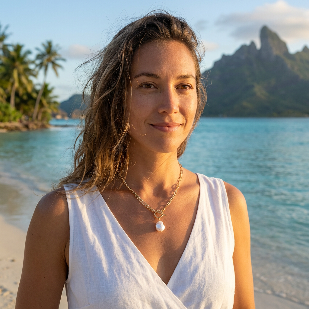 Woman in a white dress wearing a paperclip chain with a baroque pearl pendant standing on a beach with tropical scenery