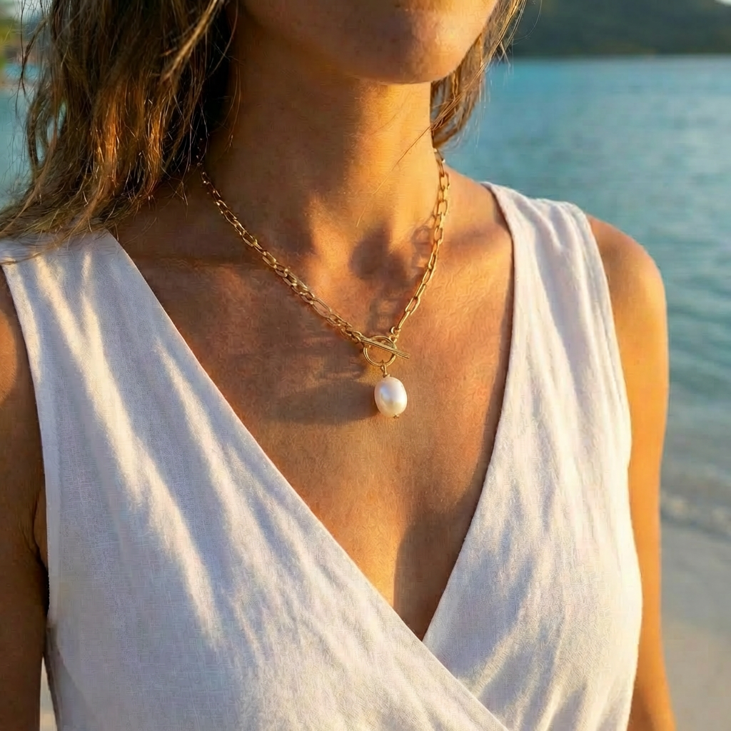 Woman wearing a gold mismatch paperclip chain necklace with a baroque pearl pendant by a body of water.