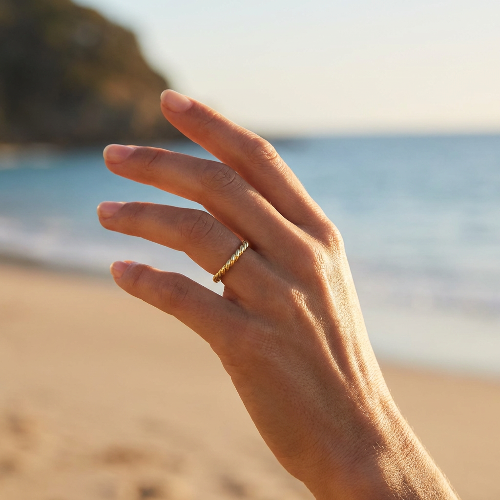 Hand wearing a gold braided ring with a beach and ocean in the background