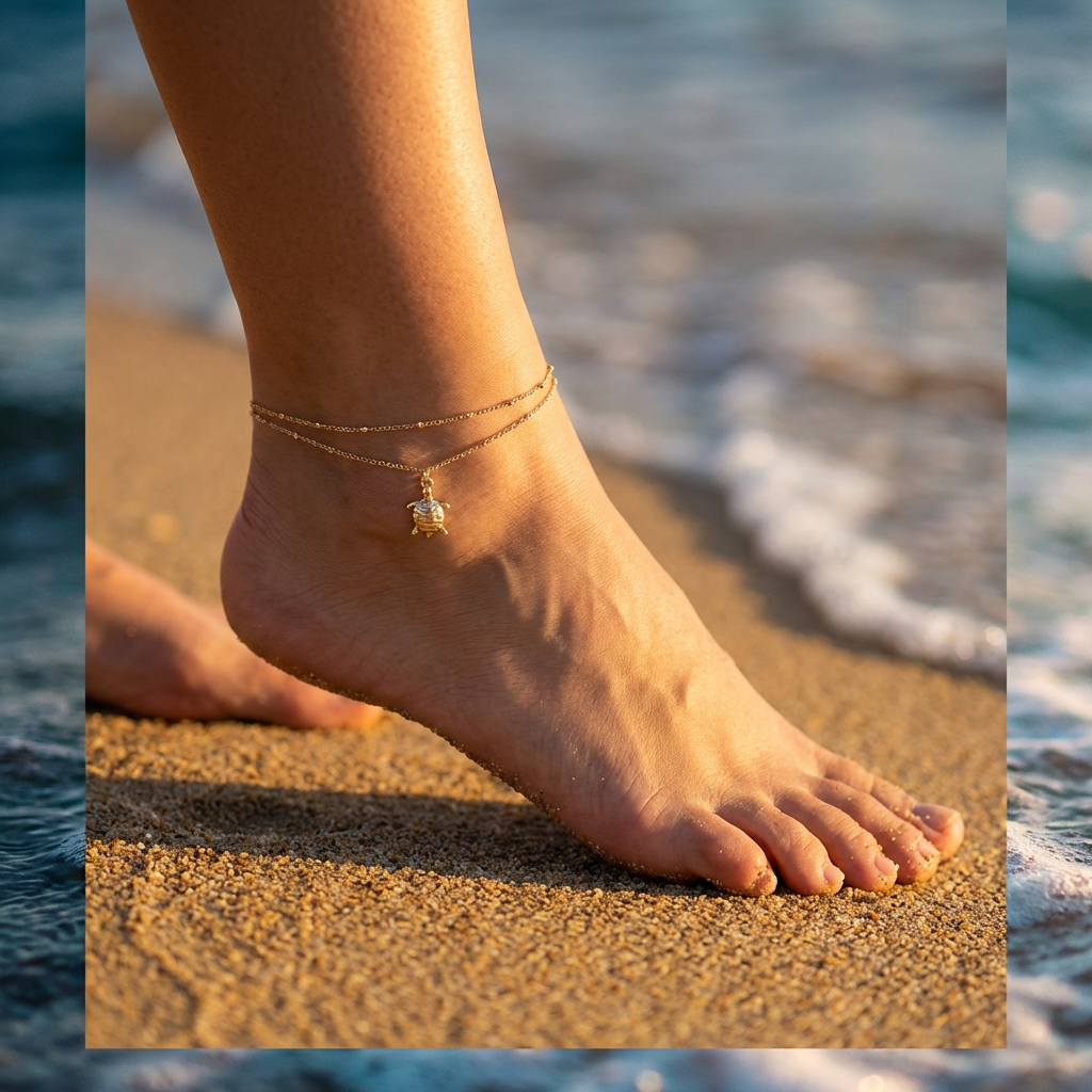 Foot with a layered gold anklet with sea turtle charm on a sandy beach with ocean waves in the background