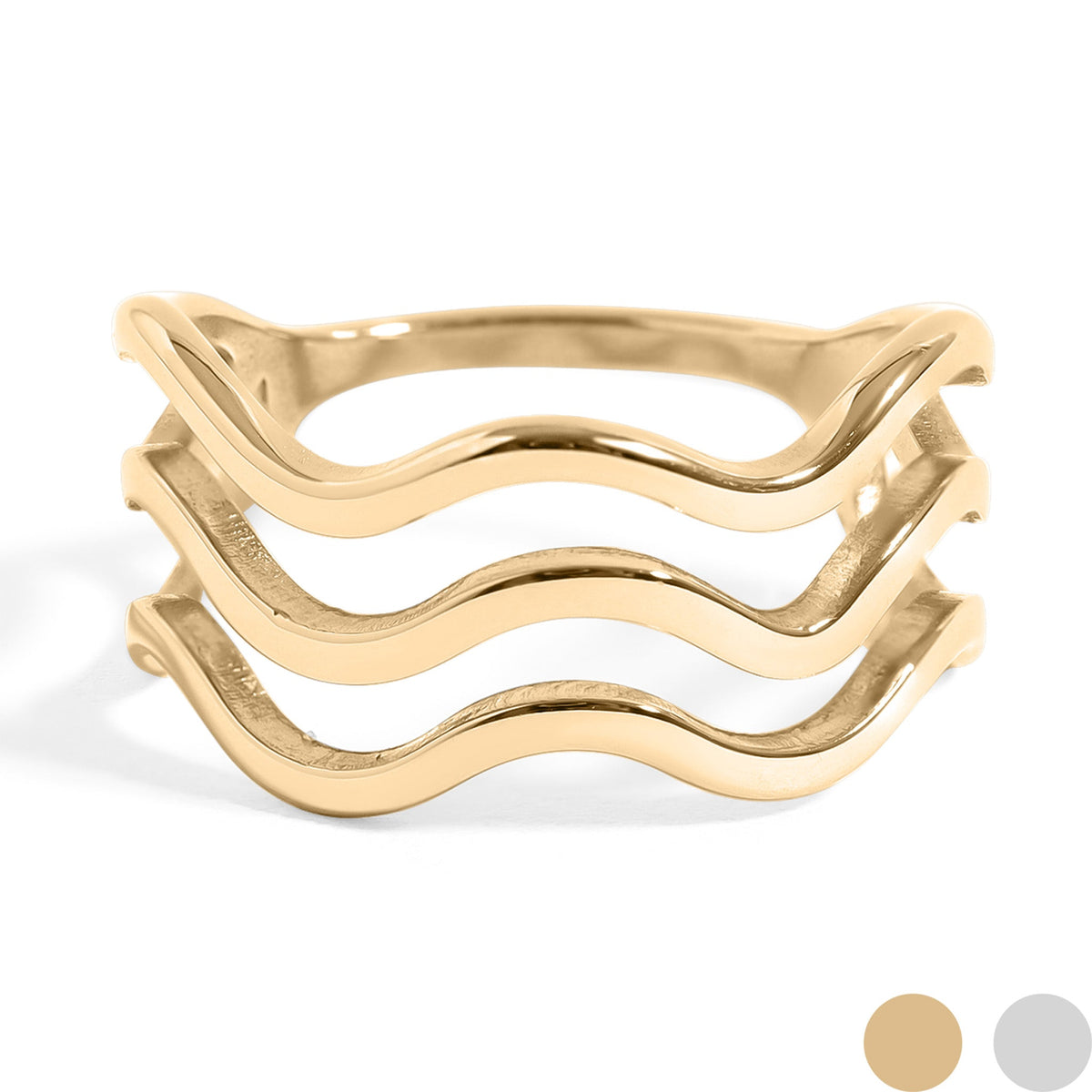 Gold ring with wavy design on a white background