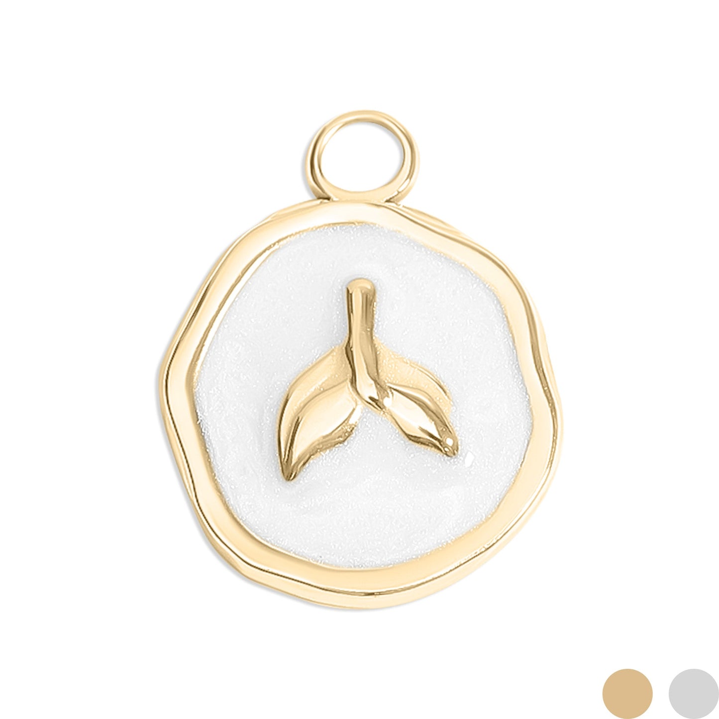 Round gold pendant with a mermaid tail in the center on a white background