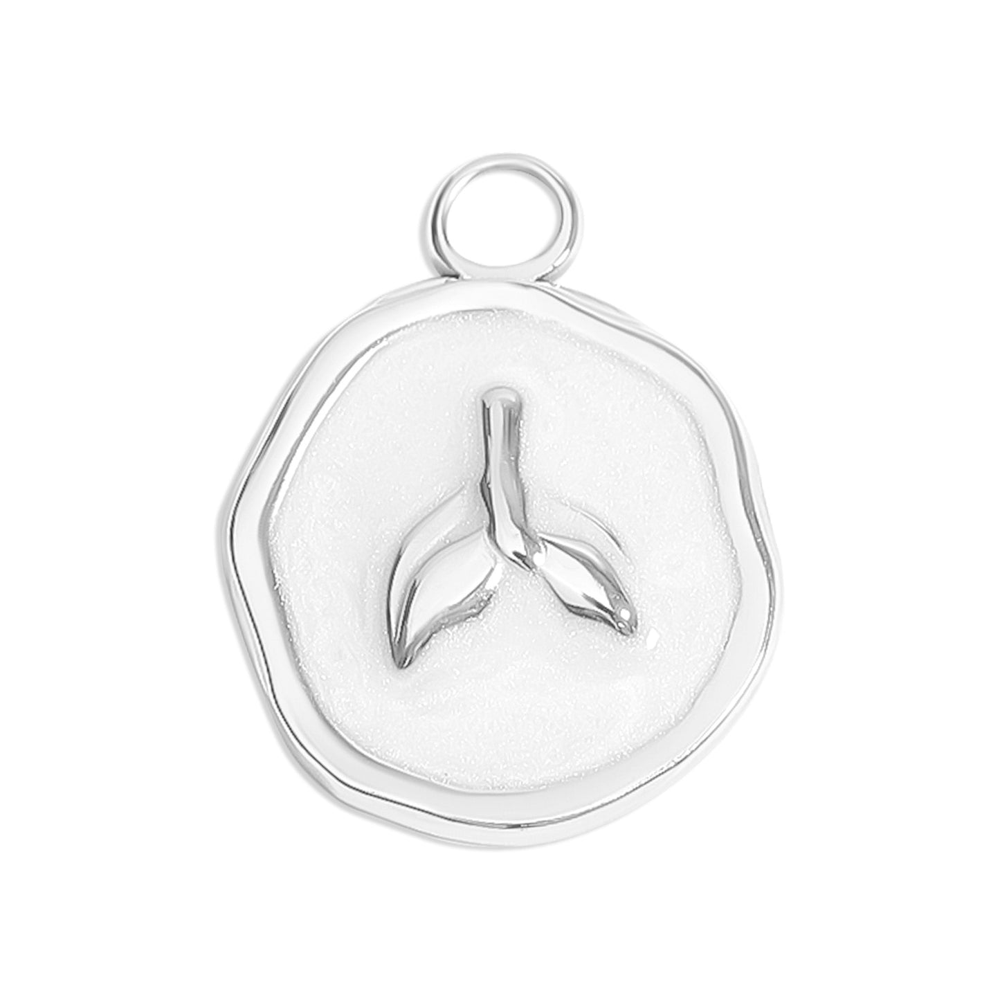 Circular silver pendant with a mermaid tail in the center on a white background