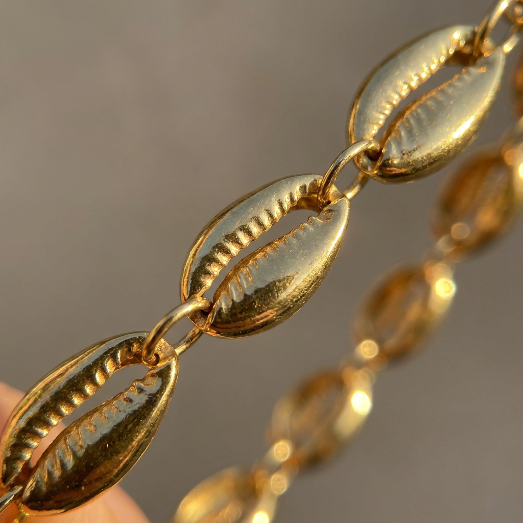 Close-up of a gold bracelet with shell-like links on a neutral background