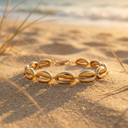 Gold bracelet on sand with blurred beach background