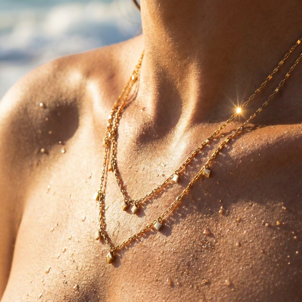 Close-up of a person wearing a gold necklace with a blurred beach background
