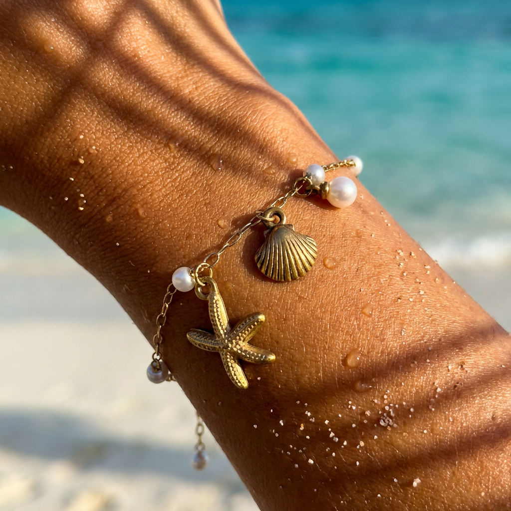 Gold bracelet with starfish and shell charms on a person's wrist by the beach.