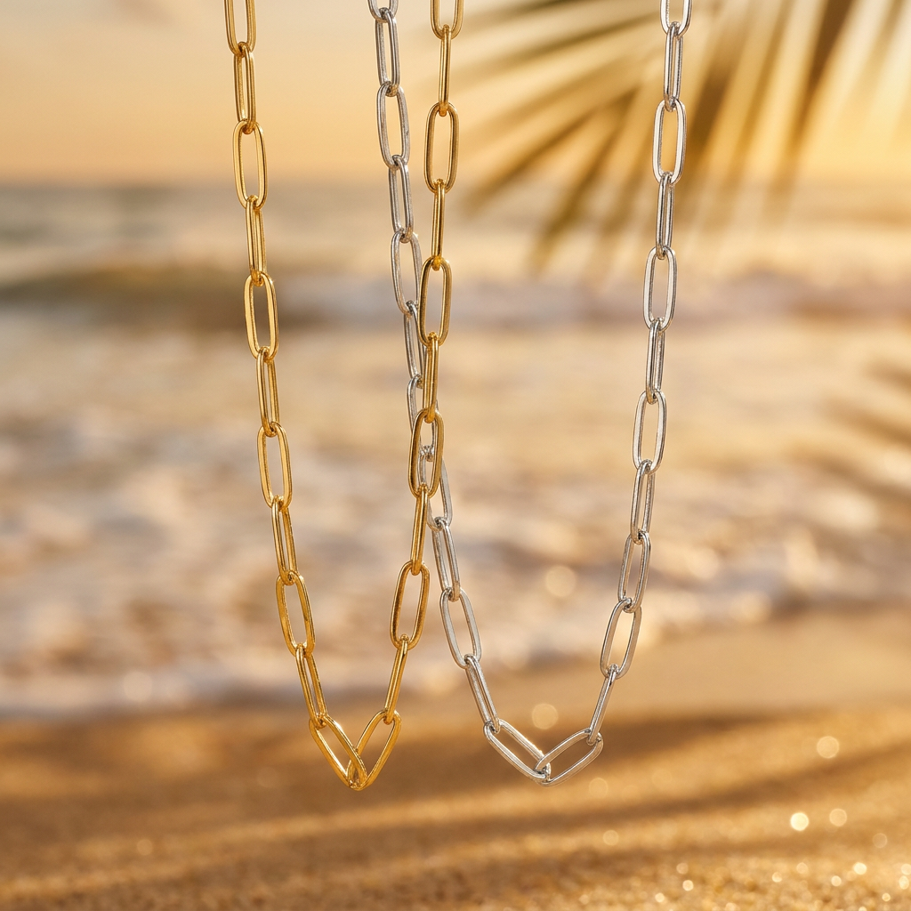 Two gold and silver chain necklaces on a blurred natural background