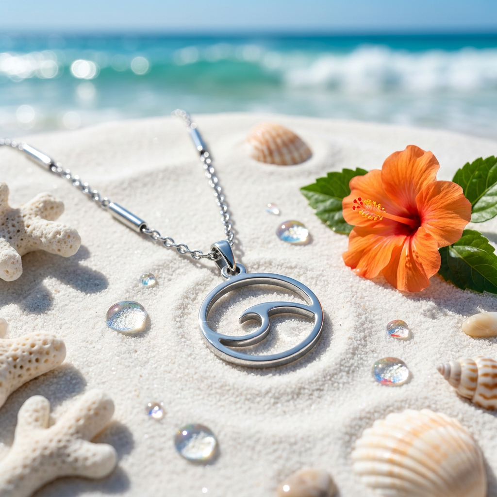 A silver necklace with a circular wave pendant, displayed on a sandy beach with seashells, coral, water droplets, and an orange hibiscus flower.