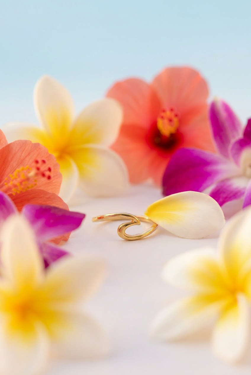 Gold ocean wave ring on a white surface surrounded by colorful flowers with a light blue background