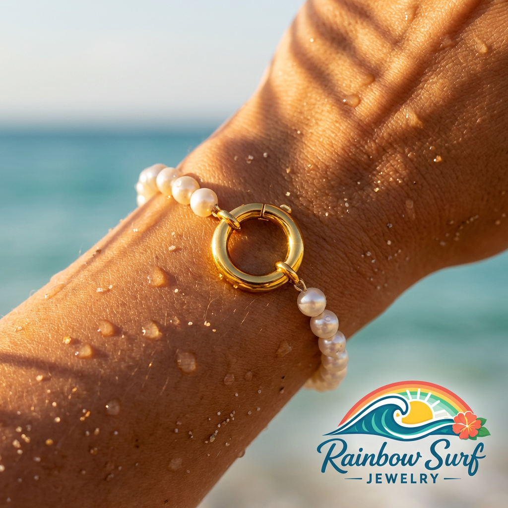 Pearl and gold bracelet on a wrist with a beach background, featuring Rainbow Surf Jewelry logo.