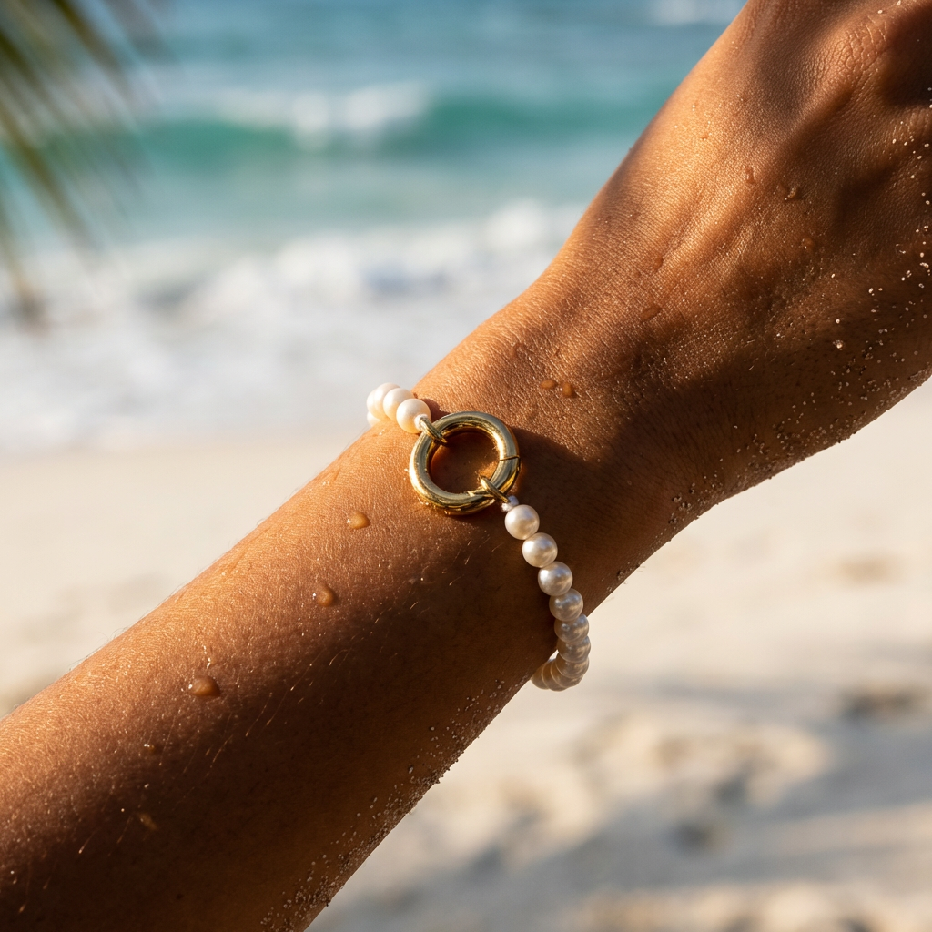 Pearl bracelet on a wrist with a beach background