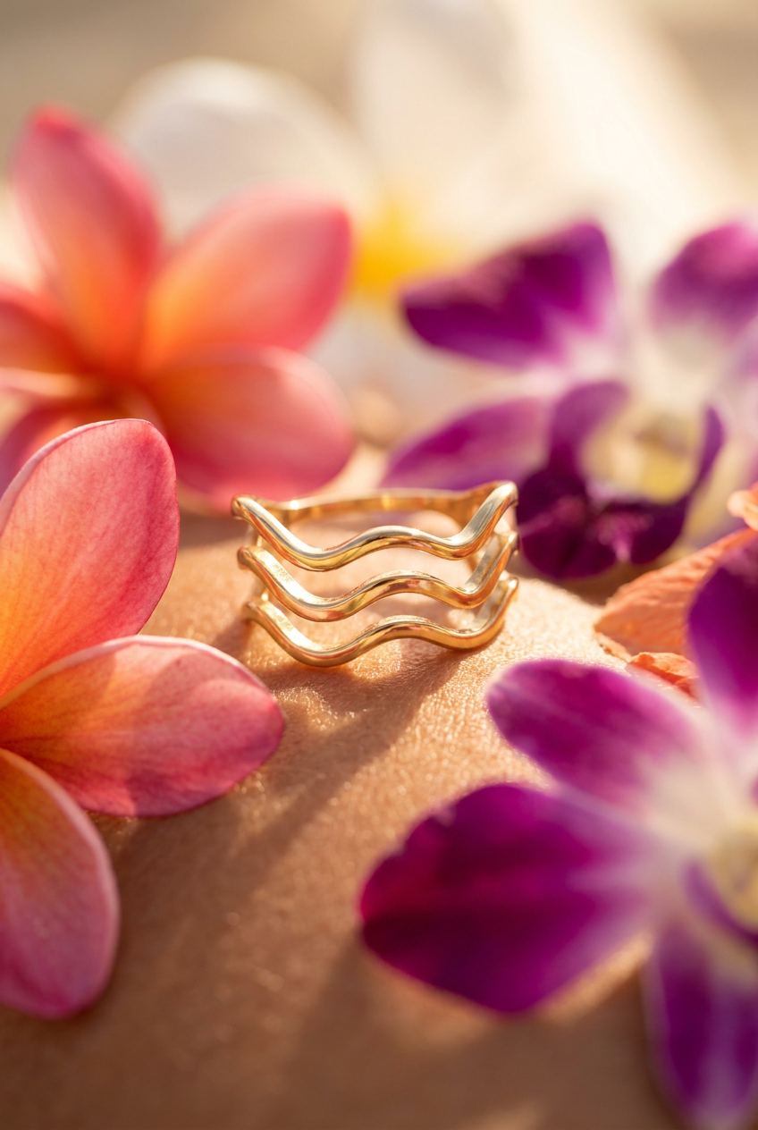 Gold triple wave ring on a surface with pink and purple flowers in the background